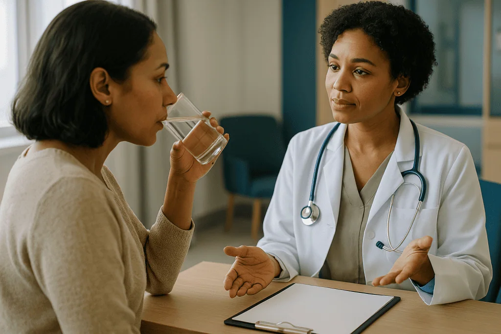 Doctor consultation with patient drinking water: How dermal fillers work, and how your body clears them