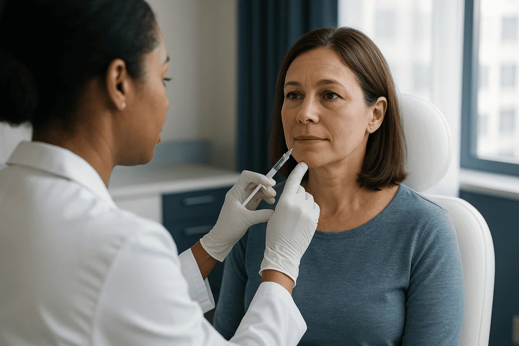 Dermatologist administering injectable treatment to adult patient: How dermal fillers work, and why they can cause trouble