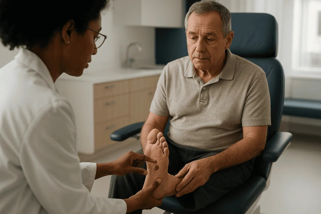 Healthcare provider examining patient's foot during consultation: How diabetic foot ulcer care works: three pillars at once