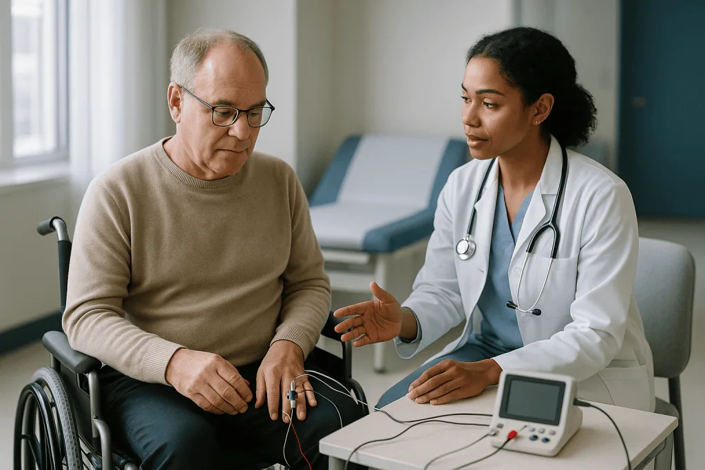 Doctor consulting elderly patient with portable ECG monitor: How diagnosis actually happens, step by step