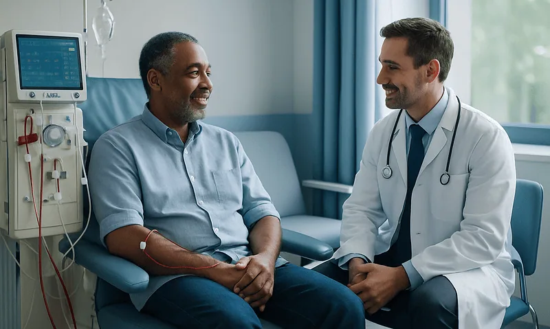 Doctor consulting with patient in hospital room with dialysis equipment.