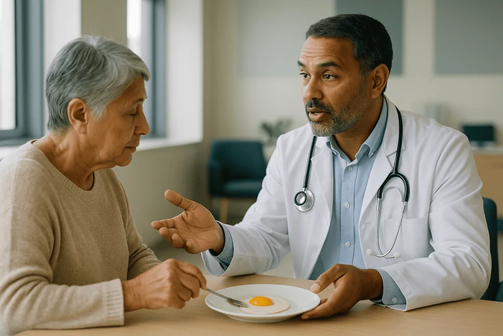 Doctor consulting elderly patient about nutrition and diet: How did eggs get a bad reputation in the first place?