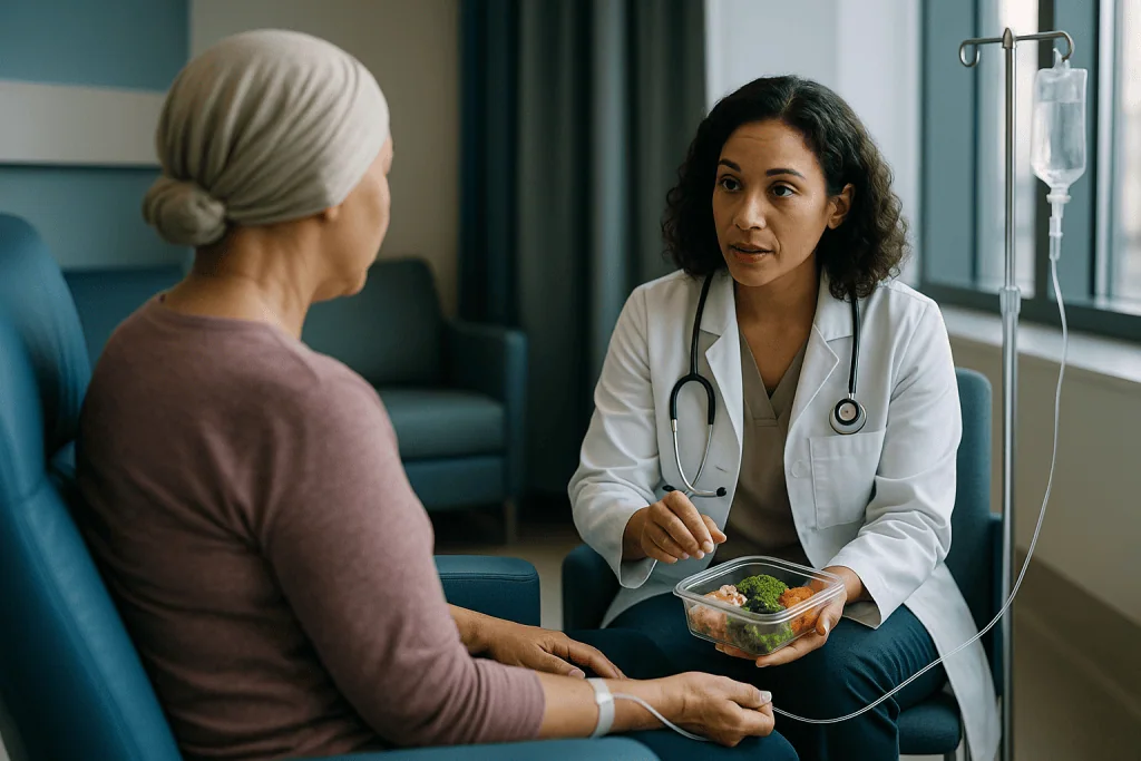 Doctor consulting patient about nutrition during treatment: How different lymphoma treatments tend to shape daily routines