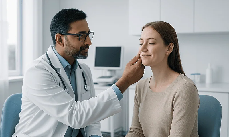 Doctor examining a young woman's face in a clinical setting.