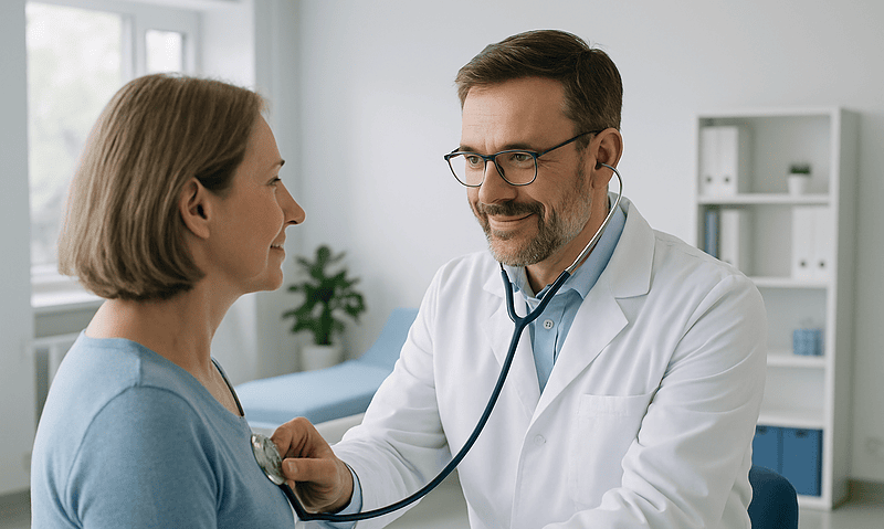 Doctor examining a patient with a stethoscope in a clinic setting.