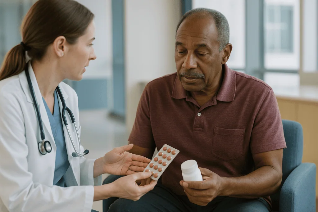 Doctor consulting with male patient about medication: How do anticoagulants (blood thinners) work, and what is the differenc