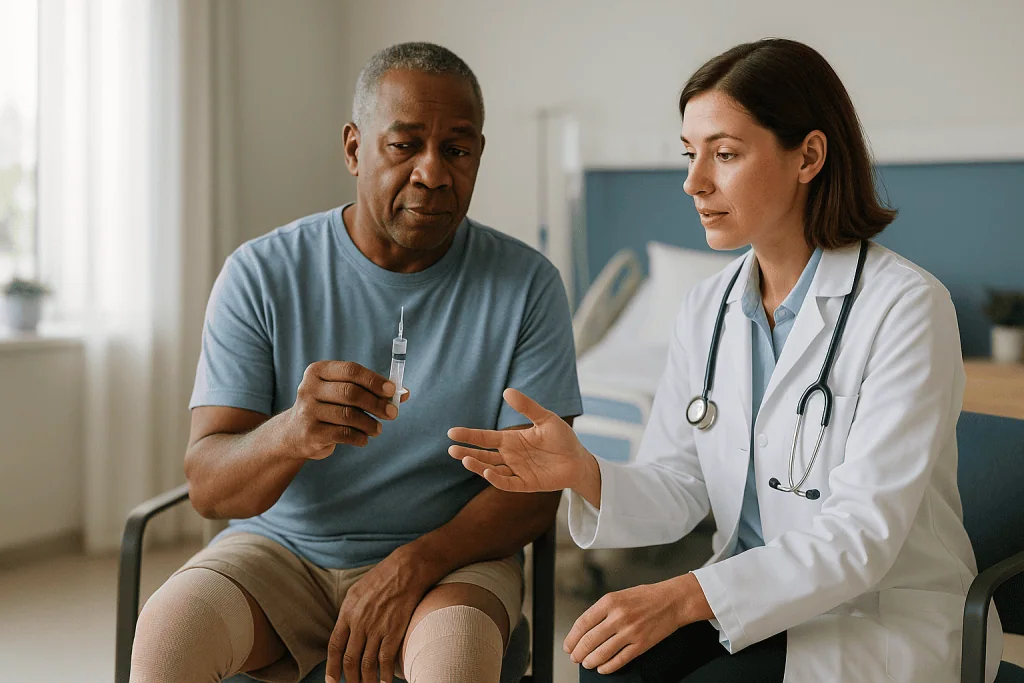 Doctor consulting with male patient holding syringe: How do blood thinners after hip replacement actually work?