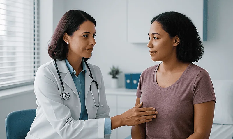 Doctor consulting with a patient about breast reduction results and recovery.