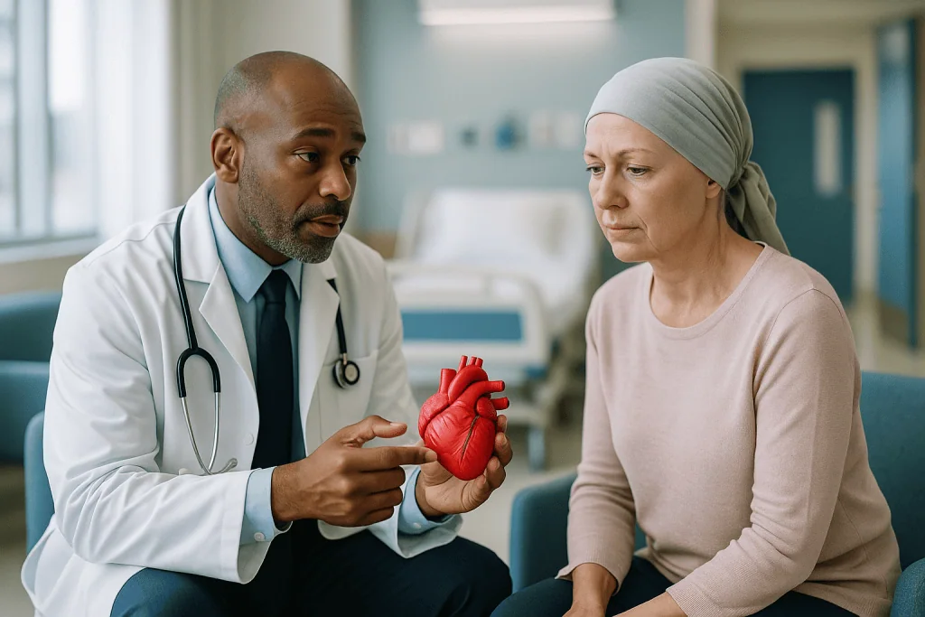 Doctor consulting patient about heart health using model: How do cancer therapies and chemicals actually reach and injure th