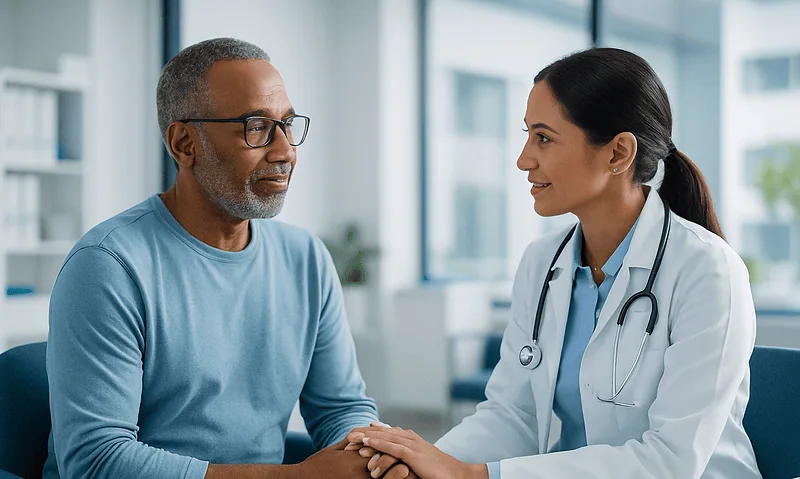 Doctor and patient discussing cardiac health in a medical office.