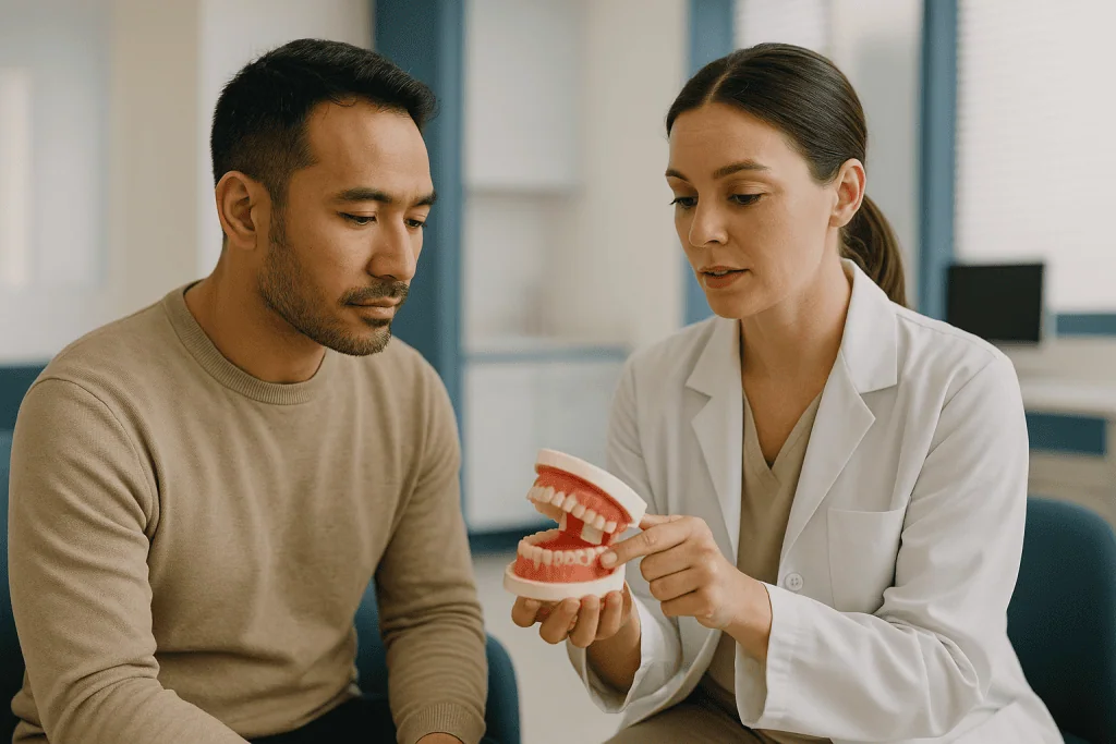Dentist explaining clear aligner treatment using dental model: How do clear aligners work at the level of bone and ligament?