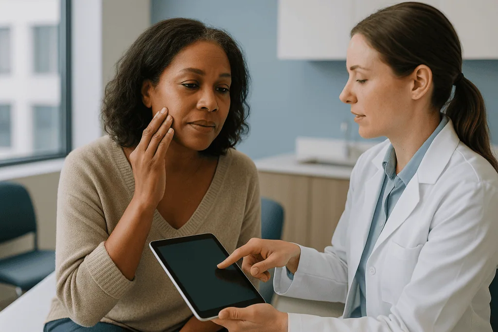 Doctor consulting patient with tablet in clinical setting: How do collagen stimulators work inside the skin?