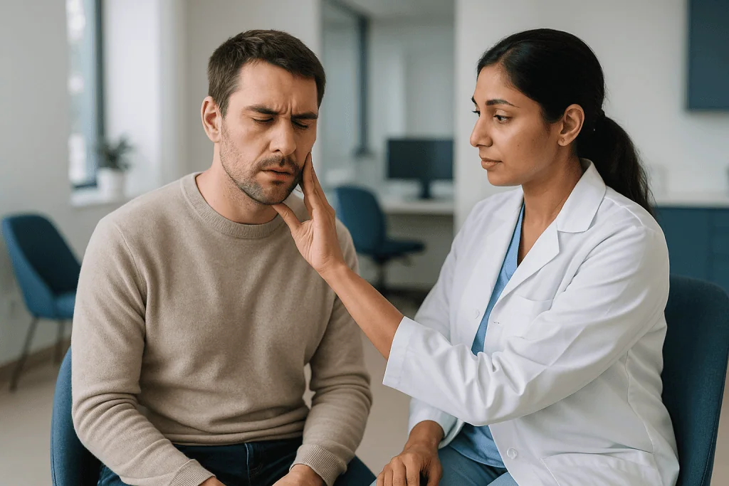 Doctor examining patient's jaw or facial area: How do dentists diagnose teeth grinding through the jaw check?