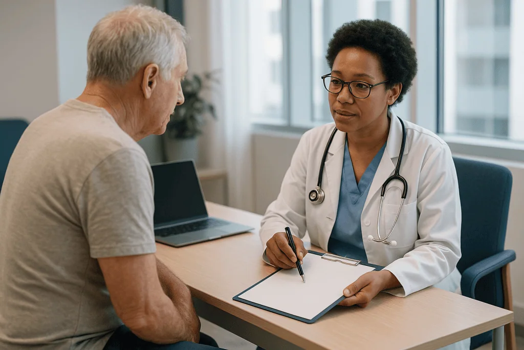Doctor consulting elderly male patient at desk: How do doctors decide between BPH treatment options?