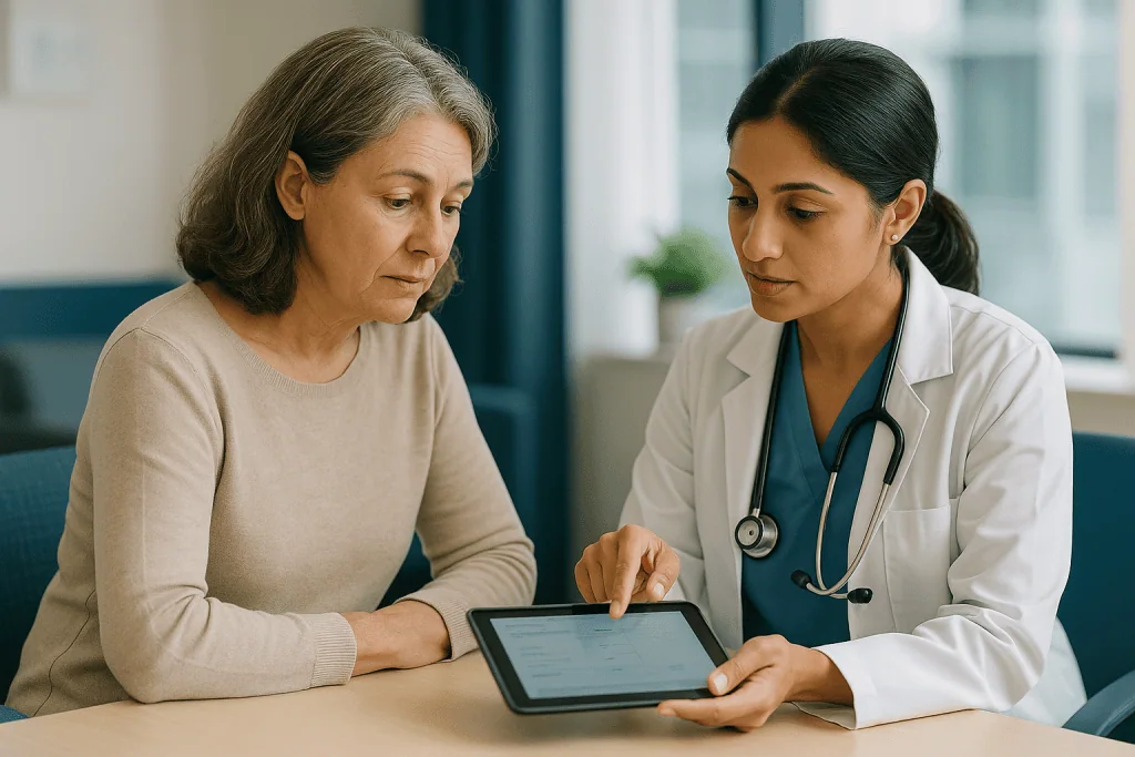 Doctor consulting patient about test results on tablet — How do doctors read TSH and free T4 together?