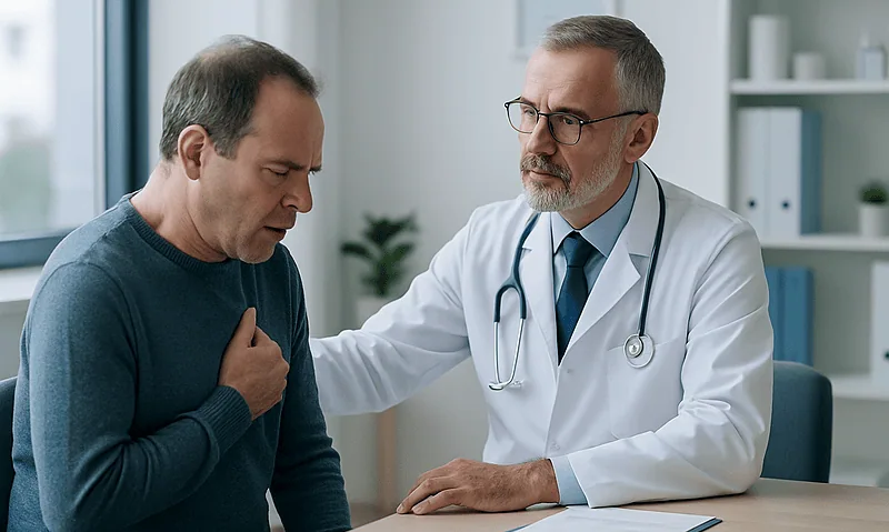 Doctor examining a patient with chest discomfort in a medical office.
