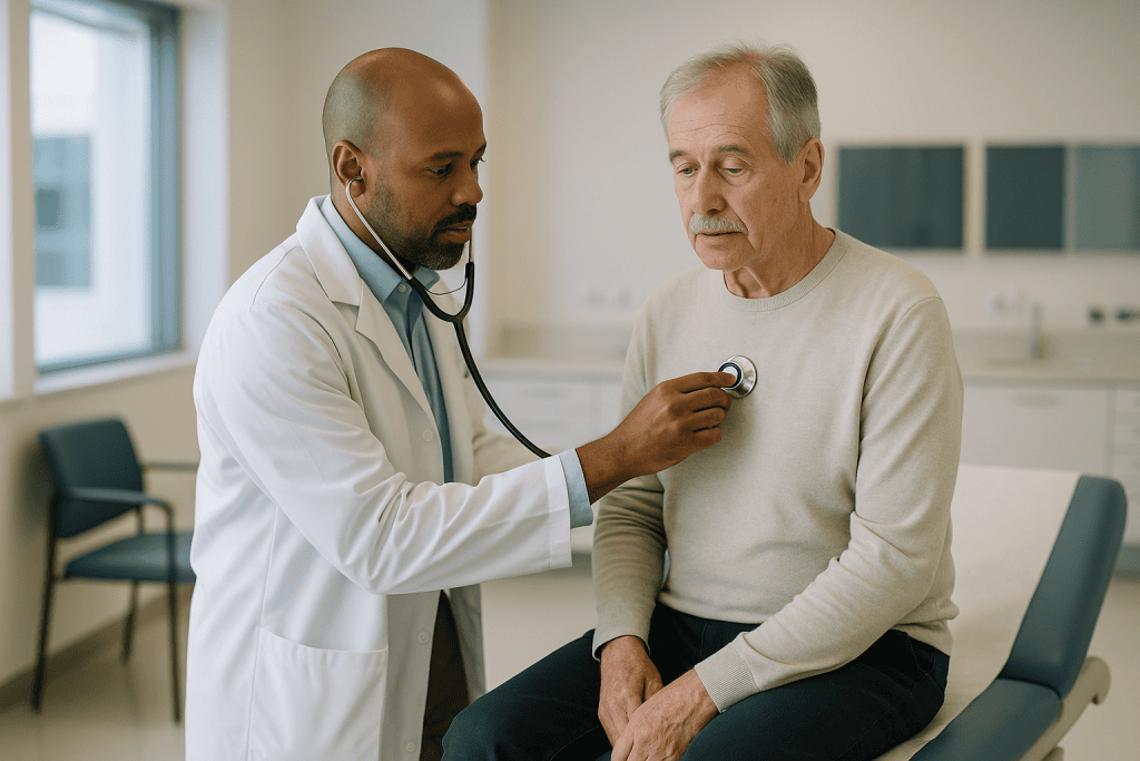 Doctor examining older male patient with stethoscope — How do doctors tell if you have pneumonia during the physical exam?