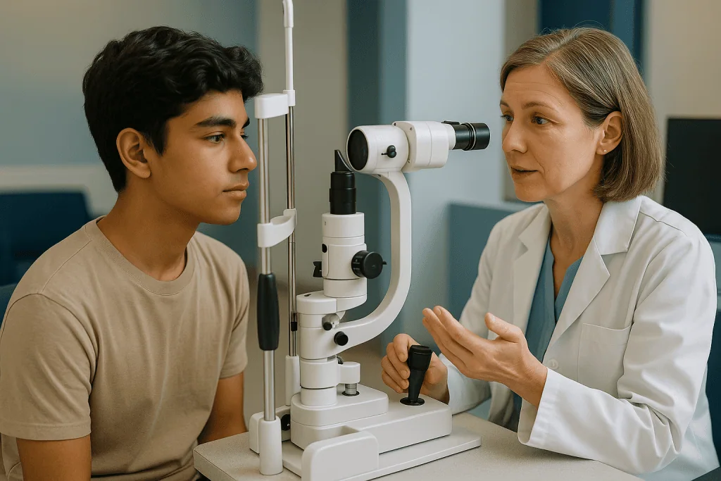 Ophthalmologist performing eye examination on teenage patient: How do doctors track keratoconus progression in teens, and ho