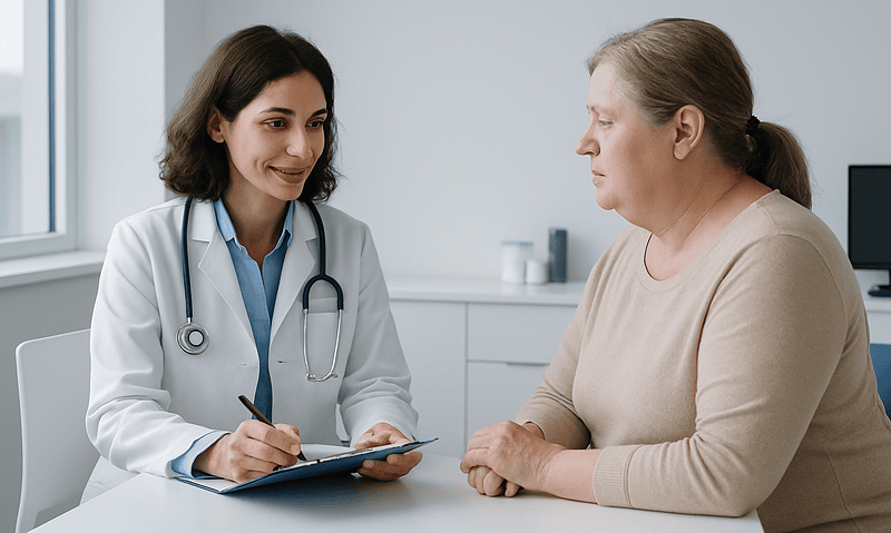 Endocrinologist consulting with a patient in a medical office.