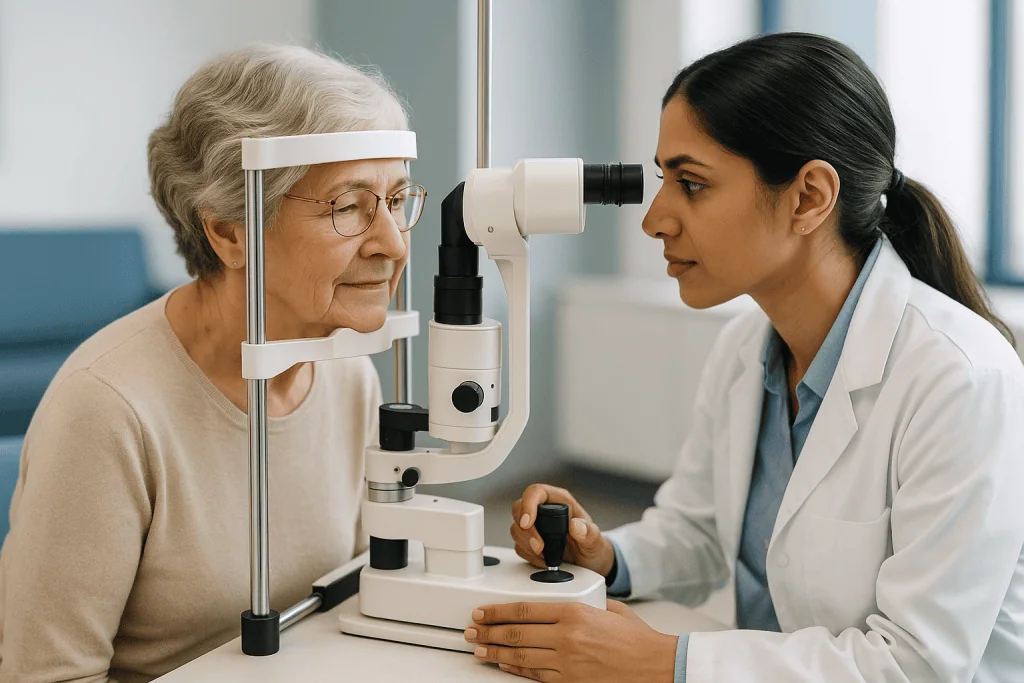 Optometrist performing eye examination on elderly patient: How do eye doctors test for cataracts?