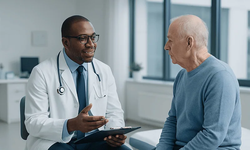 Doctor discussing follow-up tests with elderly patient in clinic.