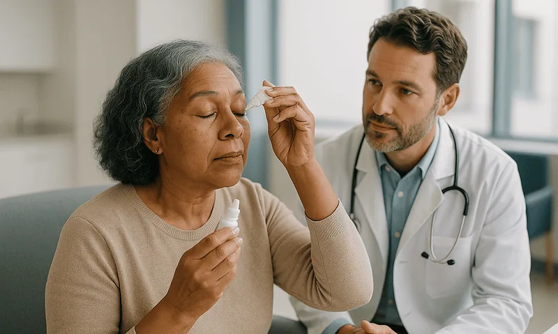 Living With Glaucoma: Drop Routines, Regular Pressure Checks and Everyday Habits That Help 4 Doctor assisting elderly woman with eye drop medication in clinic.