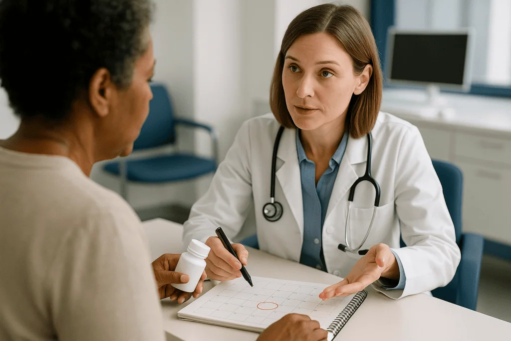 Doctor consulting patient about medication in clinical setting: How do headache medicine plans count pain reliever days?