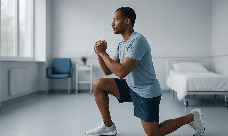 Man performing knee exercise in a clinical setting for therapy or fitness.