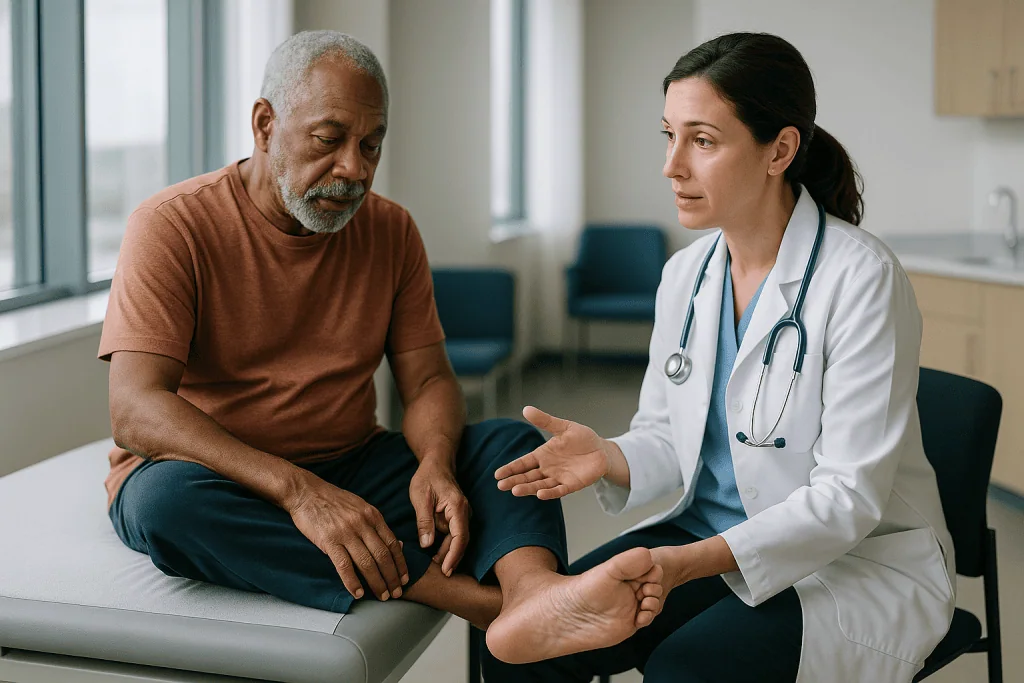 Doctor examining patient's foot and ankle during consultation: How do I check my feet every day when I can't feel them well?