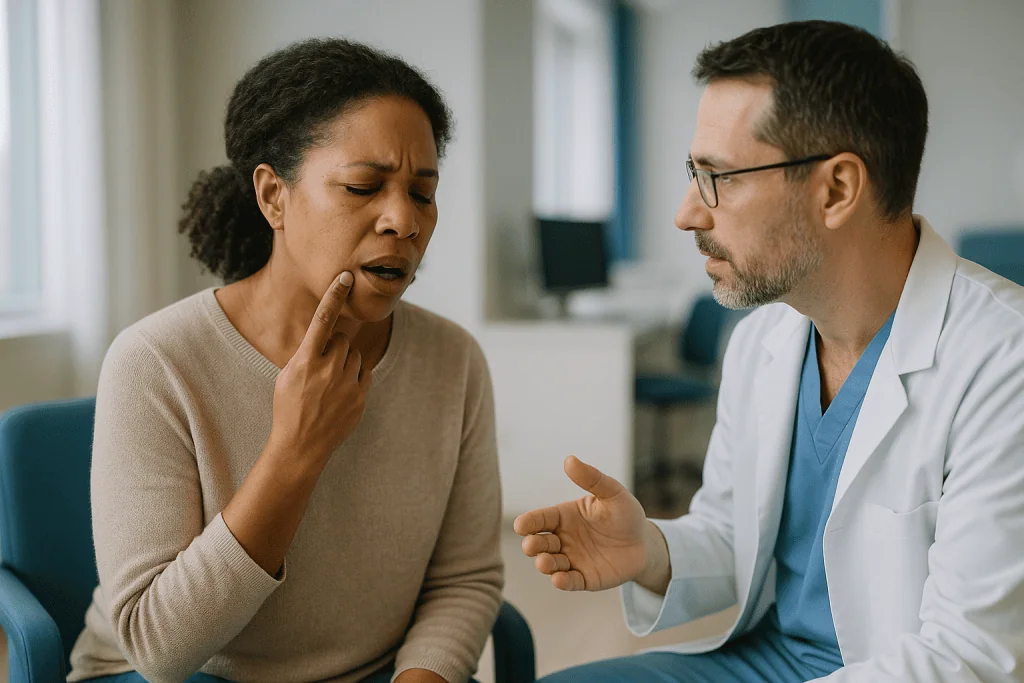 Doctor consulting with patient about dental pain: How do I check myself for a dry socket without making it worse?