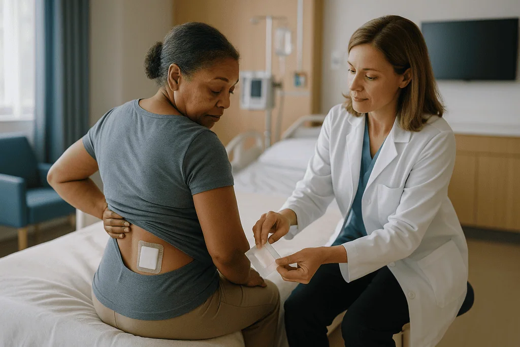 Doctor examining patient's lower back with patch: How do I handle spinal cord stimulator wound care at home?