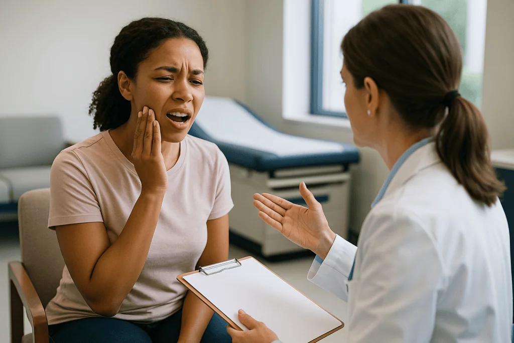 Patient in consultation with healthcare provider holding clipboard: How do I know if I have severe TMJ? What clinicians actu