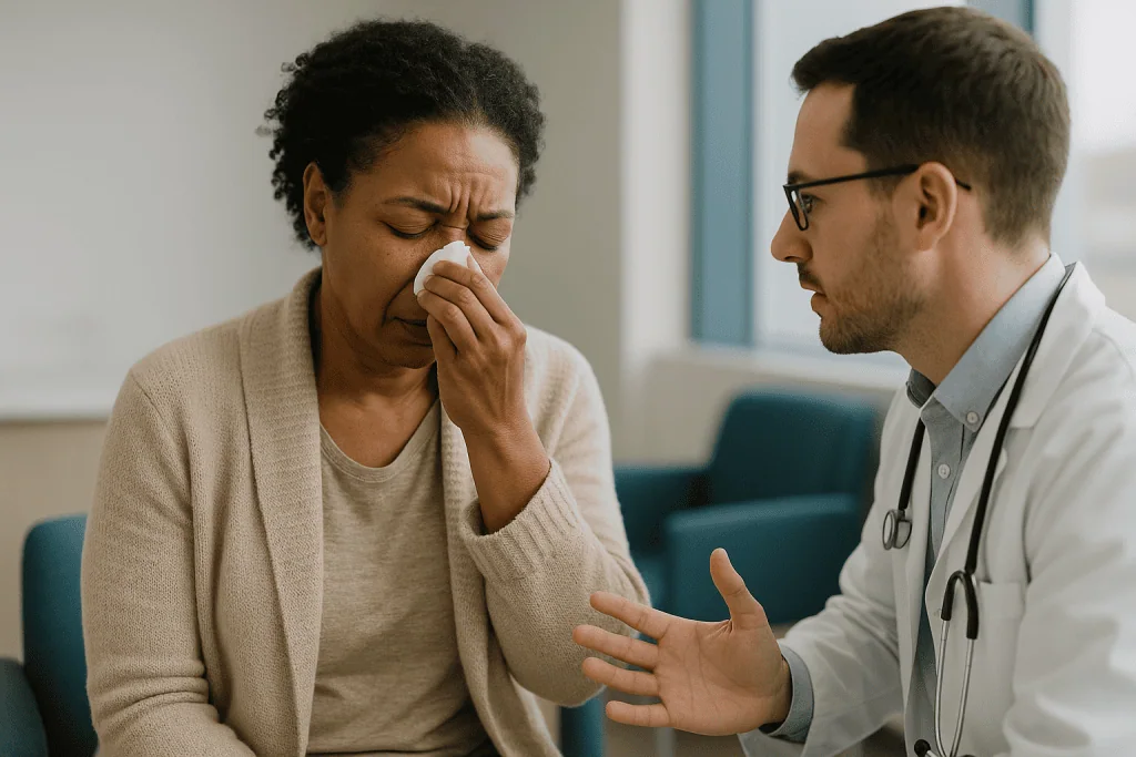 Doctor consulting patient with respiratory symptoms: How do I know if it is a sinus infection or the flu?