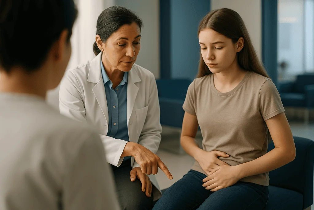 Doctor consulting with teenage girl in clinical setting: How do I know if my 14-year-old has endometriosis?