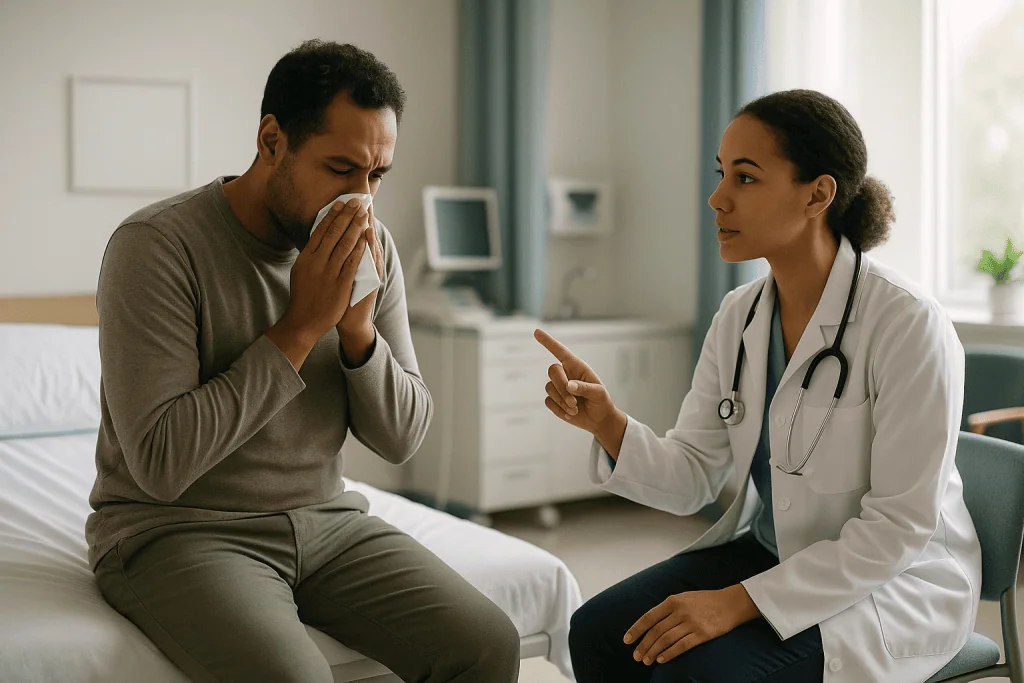 Doctor consulting patient about respiratory illness symptoms — How do I tell if I have a cold or the flu? Start with speed