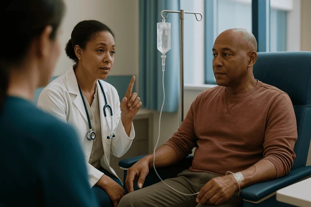Doctor consulting with patient in clinical setting with IV: How do immune checkpoint inhibitors actually work?