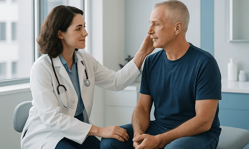 Doctor examining a patient's face in a clinical setting.