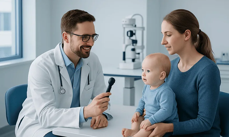 Pediatric ophthalmologist consulting with mother and child in clinic.