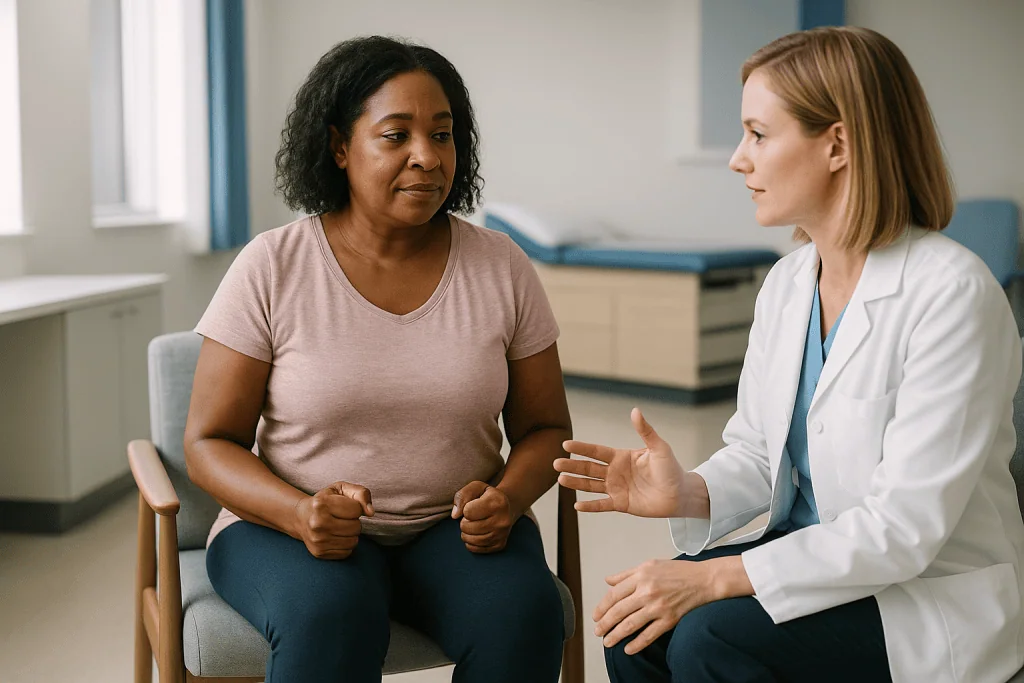 Doctor consulting patient in clinical examination room: How do pelvic floor exercises and bladder training work together?