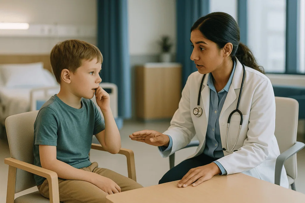 Female doctor consulting young boy in clinical setting: How do pinworms spread from person to person?