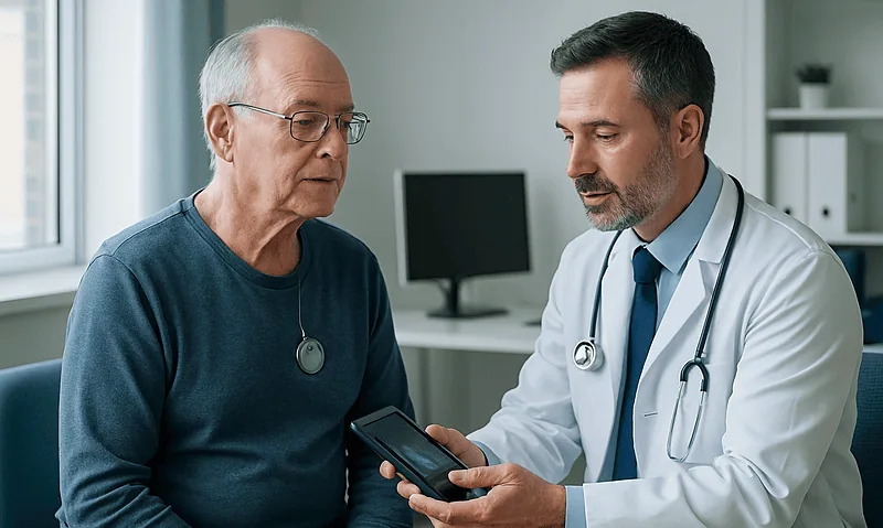 Doctor explains deep brain stimulator settings to elderly patient.