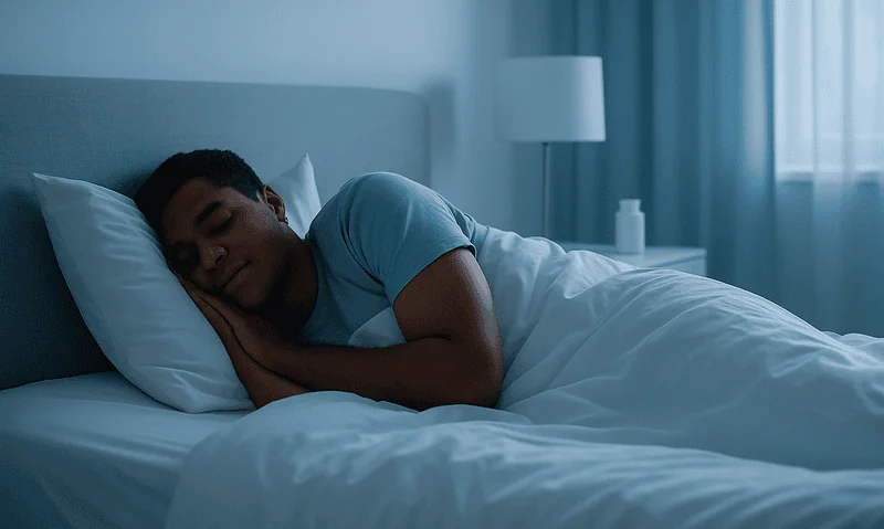 Young boy sleeping peacefully in a modern bedroom.