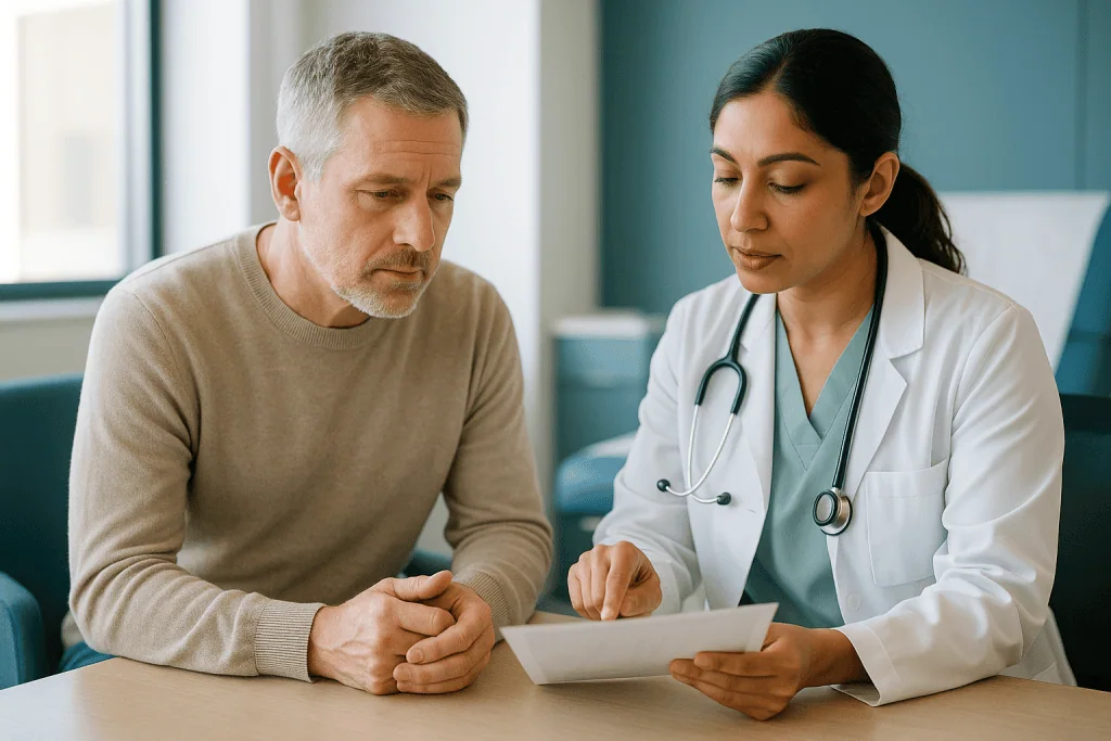 Doctor consulting with male patient, reviewing tablet: How do surgeons decide among peyronie surgery types?