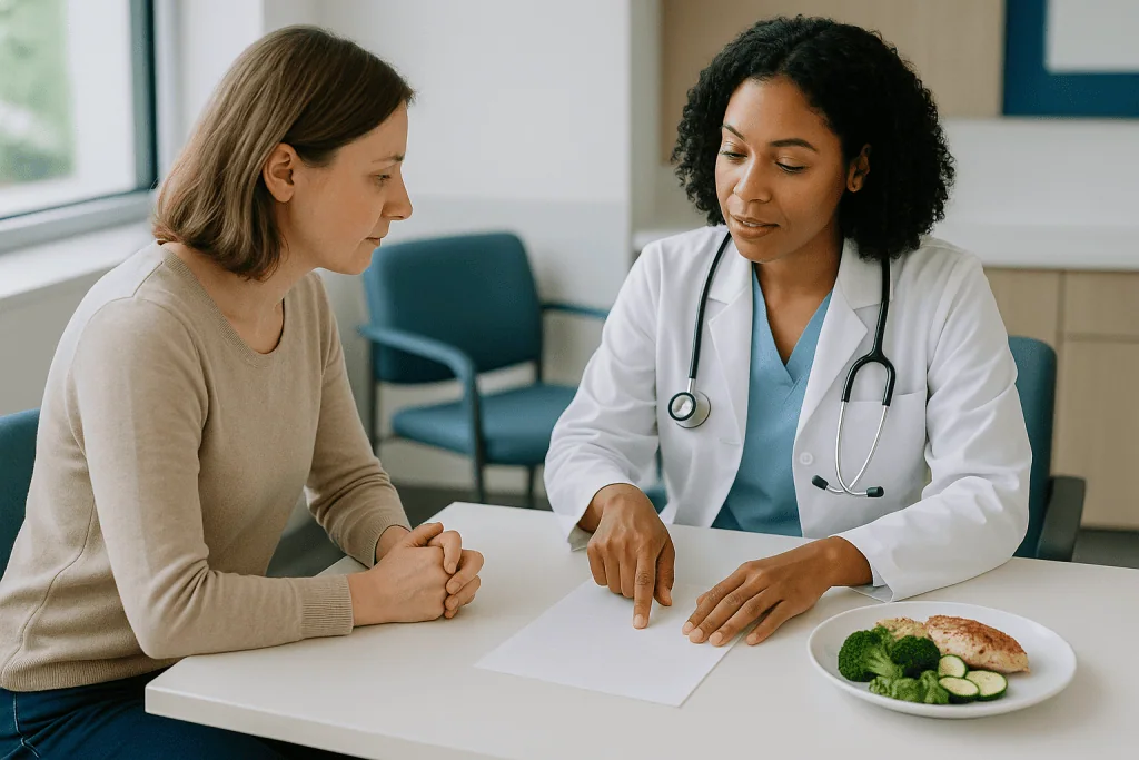 Doctor consulting patient about dietary nutrition plan: How do the three phases of the low FODMAP diet work?