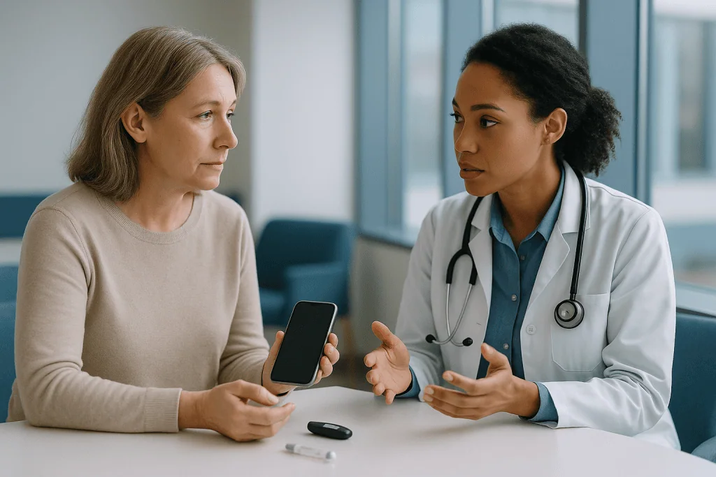 Doctor consulting with patient holding smartphone: How do time zones actually affect insulin and blood sugar?