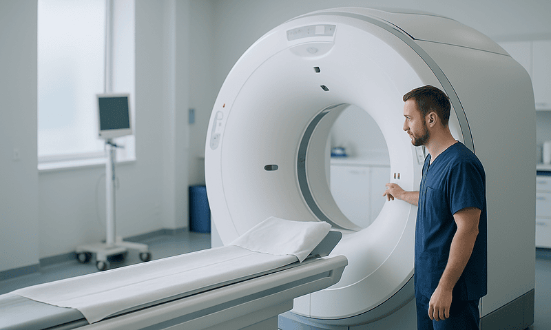 Medical professional preparing a CT scan in a modern hospital room.