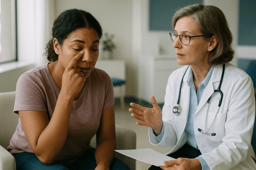 Doctor consulting with patient about eye condition: How do you get pink eye? The three main causes