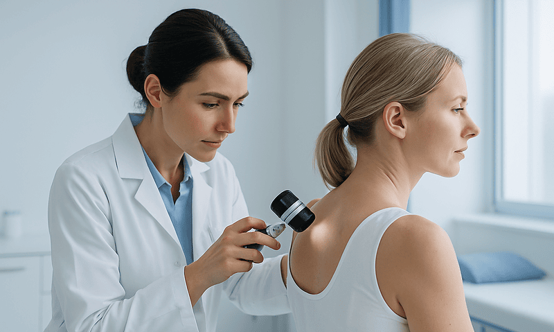 Doctor examining patient's neck with medical device in clinic.