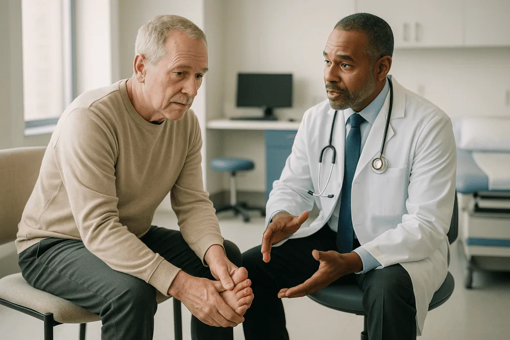 Doctor examining patient's foot in clinic consultation: How do you know if gout is serious?