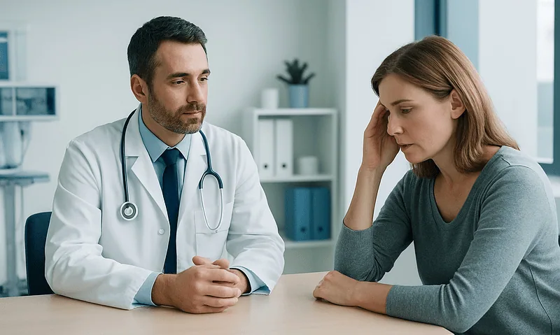 Doctor consulting with a woman patient in a medical office.